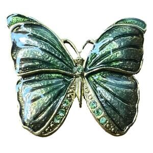 SFJ Stamped Vintage Glittering Butterfly Brooch Pin Metallic Green and Gold Tone